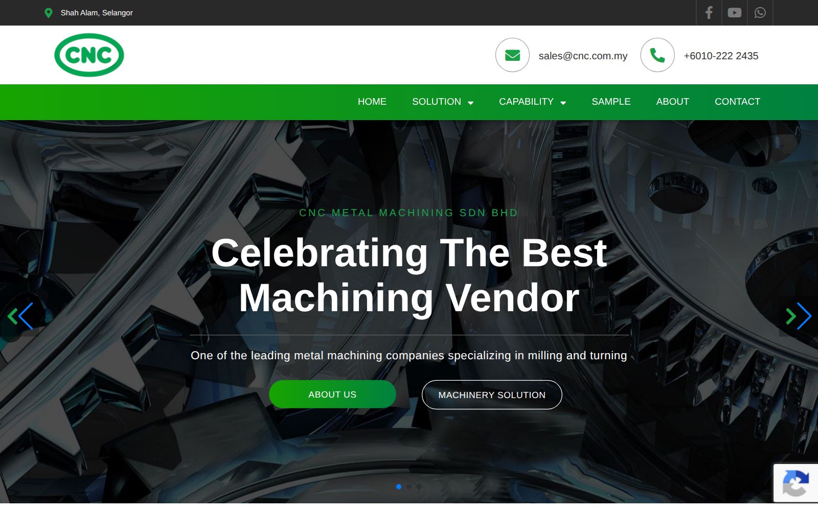 Home page of cnc.com.my, a metal machining company with the headline Celebrating The Best Machining Vendor